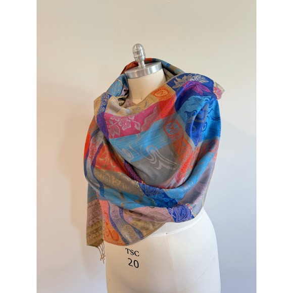 pashmina Accessories - Pashmina Silk Blend Patchwork Paisley Scarf Shawl Wrap Blue Orange Pink Fringe